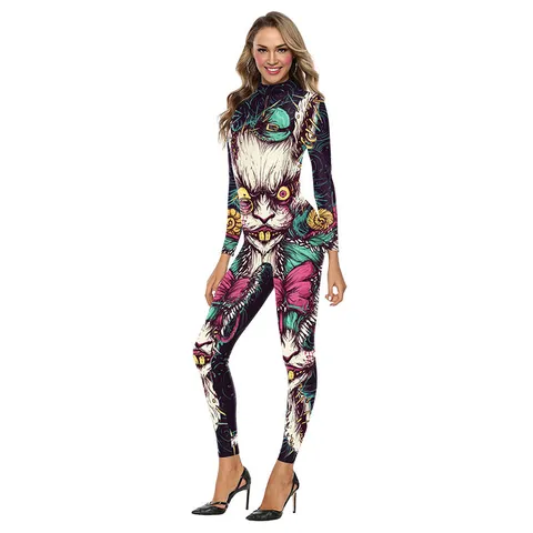 Damen Halloween 3D Digital Gedruckt Skelett Cosplay Jumpsuit Langarm Stehkragen Bodysuit Party Performance Kostüm