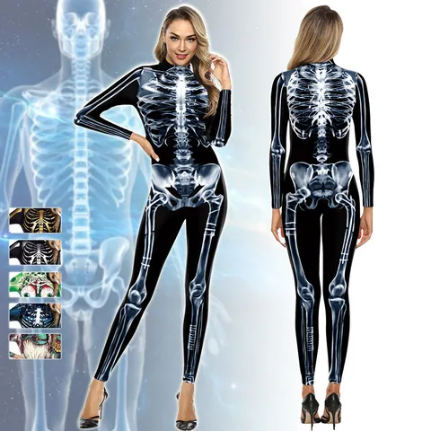 Damen Halloween 3D Digital Gedruckt Skelett Cosplay Jumpsuit Langarm Stehkragen Bodysuit Party Performance Kostüm