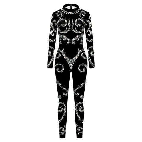 Damen Digitaldruck Langarm Rundhals Jumpsuit Cyberpunk Stil Slim Fit Elastischer Body Party Clubwear