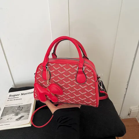 Women Fashion PU Leather Chevron Pattern Crossbody Shoulder Bag Top Handle Boston Handbag With Cute Dog Pendant Commuter Bag