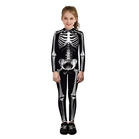 Polyester Kinder Halloween Skelett Gedruckt Langarm Jumpsuit Europäischer Amerikanischer Stil Kinder Auftrittskostüm