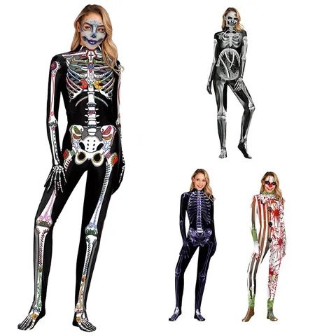 Damen Halloween Skelett Knochen Print Jumpsuit Langarm Slim Fit Body Cosplay Performance Kostüm Party Outfit