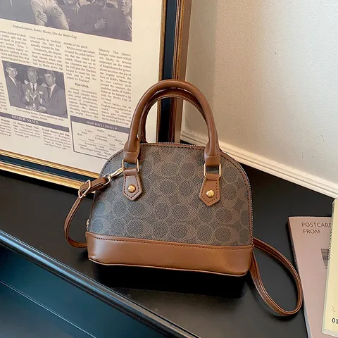 Damen PU Leder Muschel Tasche Monogramm Bedruckt Henkeltasche Vintage Pendler Umhängetasche Handtasche
