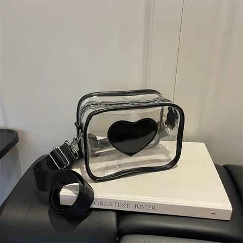 Sac Bandoulière Transparent en PVC pour Femmes Sac Jelly Clair Minimaliste Décor Cœur Large Bandoulière Sac à Main Décontracté