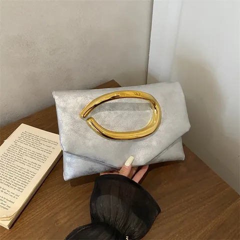 Women Fashion PU Leather Clutch Bag Elegant Pleated Evening Handbag Unique Metal Ring Handle Chic Purses