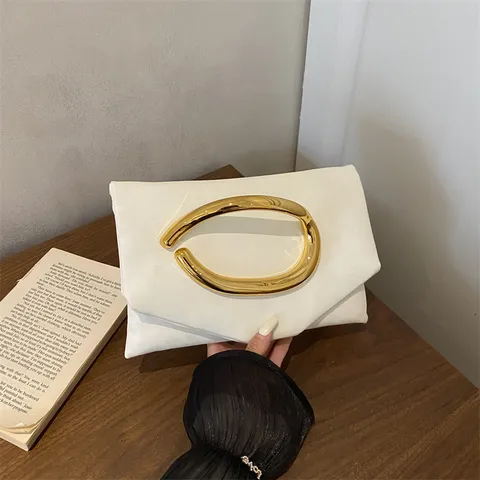 Women Fashion PU Leather Clutch Bag Elegant Pleated Evening Handbag Unique Metal Ring Handle Chic Purses