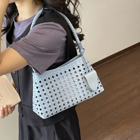 Womens Woven Shoulder Bag PU Leather Dumpling Tote Purse Fashion Casual Commuter Handbag with Small Pouch