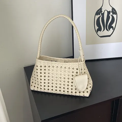 Womens Woven Shoulder Bag PU Leather Dumpling Tote Purse Fashion Casual Commuter Handbag with Small Pouch
