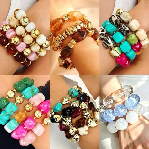 Vintage Irregular Resin Beaded Bracelet Set For Women Bohemian Gold Plated Alloy Geometric Marble Pattern Stretch Strand Jewelry
