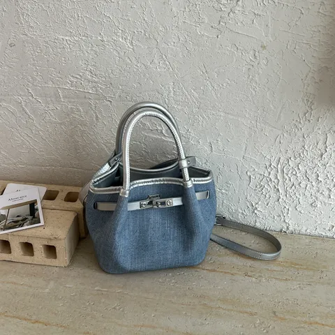 Vintage Denim Bucket Bag For Women PU Leather Patchwork Handbag Casual Large Capacity Shoulder Crossbody Bag