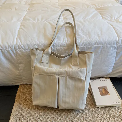 Women Large Capacity Canvas Tote Bag Casual Minimalist Shoulder Bag Solid Color Commuter Handbag Student Book Bag