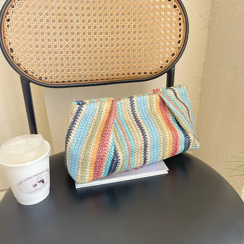 Damen Mode Strohgewebe Clutch Tasche Sommer Strand Lässig Mehrfarbig Gestreift Wolke Handtasche Geldbörse Mit Magnetverschluss