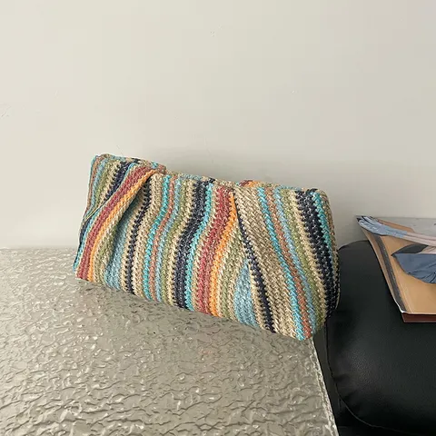 Damen Mode Strohgewebe Clutch Tasche Sommer Strand Lässig Mehrfarbig Gestreift Wolke Handtasche Geldbörse Mit Magnetverschluss