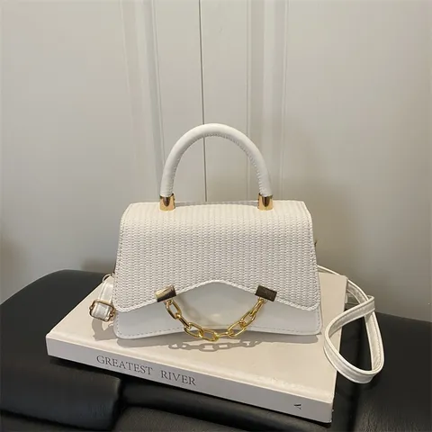 Damen Mode Minimalistisch PU Leder Gewebte Textur Kleine Quadratische Tasche Elegante Goldene Kette Umhängetasche Handtasche