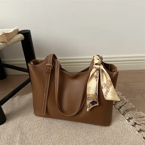 Damen Große Kapazität Retro Casual Pendeln Schulter Unterarm Tote Bag PU Leder Handtasche Mit Seidenschal