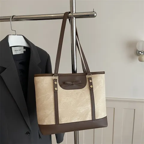Damen Große Kapazität Tragetasche Mode Urban Minimalistisch Leinen Leder Patchwork Handtasche Schleife Pendeln Umhängetasche