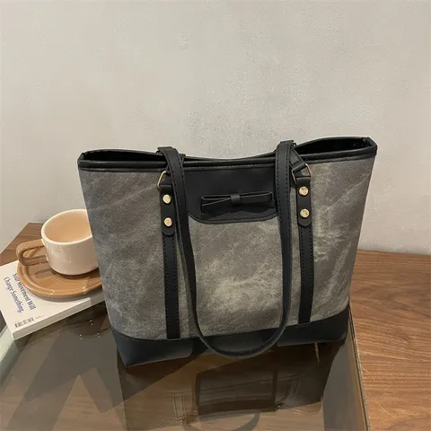 Damen Große Kapazität Tragetasche Mode Urban Minimalistisch Leinen Leder Patchwork Handtasche Schleife Pendeln Umhängetasche