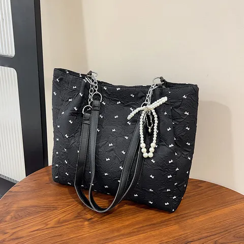 Lässige Plissierte Tragetasche Für Damen Große Kapazität Nylon Umhängetasche Schleife Druck Handtasche Mit Perlenanhänger
