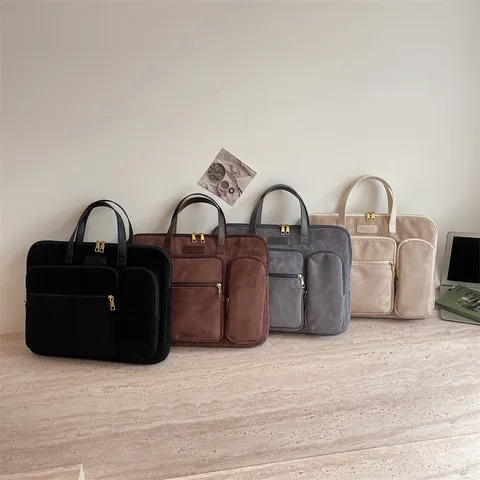Borsa Cartella da Lavoro in Velluto da Donna Borsa per Laptop Grande Capacità Scomparti Multipli Borsa a Mano Monocolore