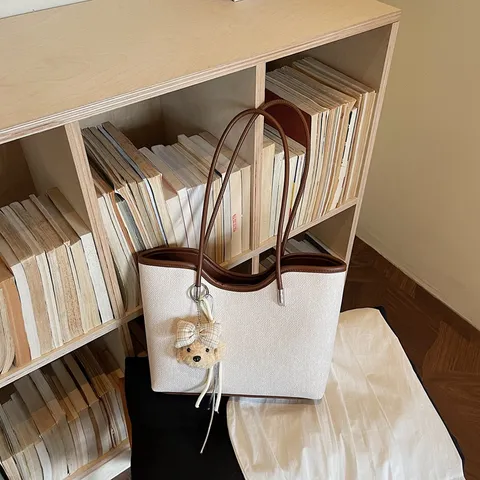 Large Capacity PU Leather Canvas Tote Bag Women Casual Commuter Shoulder Bag Student Book Bag
