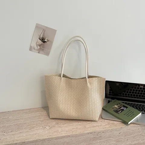 Womens Large Capacity Woven Tote Bag Fashion PU Leather Solid Color Commuting Shoulder Bag Casual Handbag