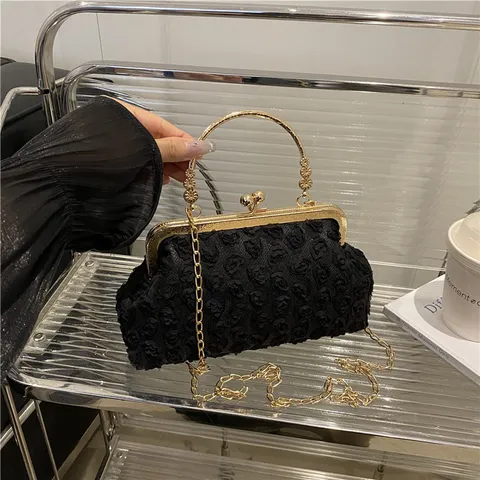 Damen Vintage Abendtasche Chinesischer Stil Mini Umhängetasche Blumen Stoff Clutch Mit Gold Metall Griff Und Kettenriemen