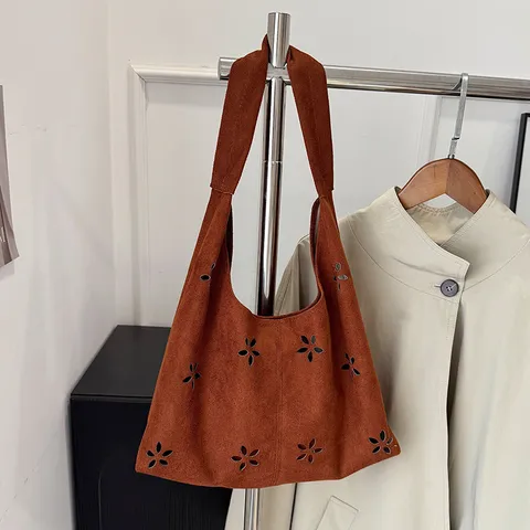 Große Tragetasche Damen PU Leder Lochmuster Floral Umhängetasche Lässige Pendlerhandtasche Tägliche Mode Tasche