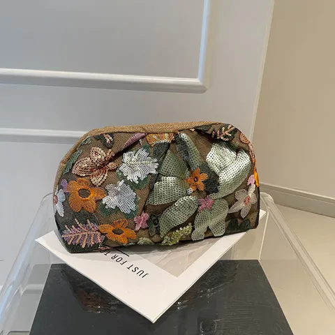 Femme Mode Toile Paillettes Broderie Pochette Sac Casual Motif Floral Fermeture Éclair Sac de Soirée Sac à Main
