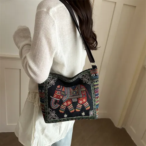 Ethno-Stil Segeltuch Brokat Tote Bag Damen Vintage Bestickt Elefant Muster Lässig Große Kapazität Umhängetasche Handtasche
