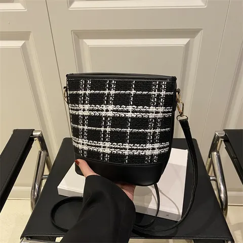 Γυναικείο Fashion Tweed Bucket Bag Моτίβο Piede de Poule Crossbody Shoulder Bag PU Leather Patchwork Handbag Casual