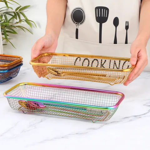 Household Stainless Steel Rectangular Storage Basket Cutlery Organizer Wire Mesh Draining Basket For Kitchen Dining