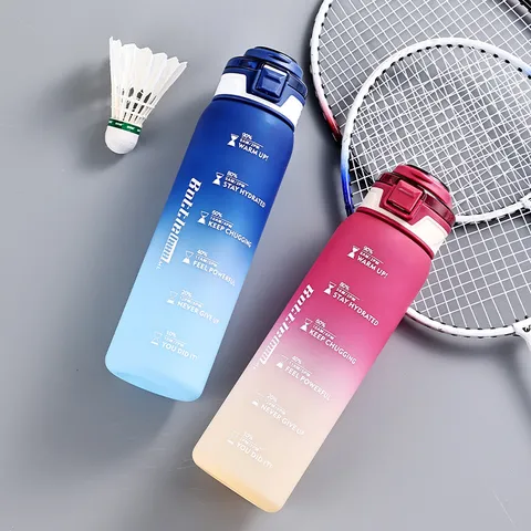 Large Capacity Plastic Water Bottle Gradient Color Sports Drink Bottle With Time Marker Leak Proof Cup For Fitness