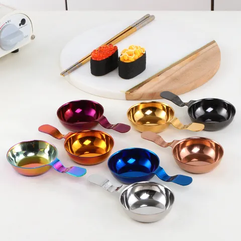 Stainless Steel Seasoning Dish Korean Style Dipping Sauce Bowl With Handle Metal Sauce Dish For Hot Pot Kitchen Tableware