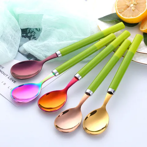 Cuillère à Dessert Mignonne en Acier Inoxydable Style Ins Poignée Colorée Vaisselle Style Coréen Cuillère pour Enfants Outil de Repas