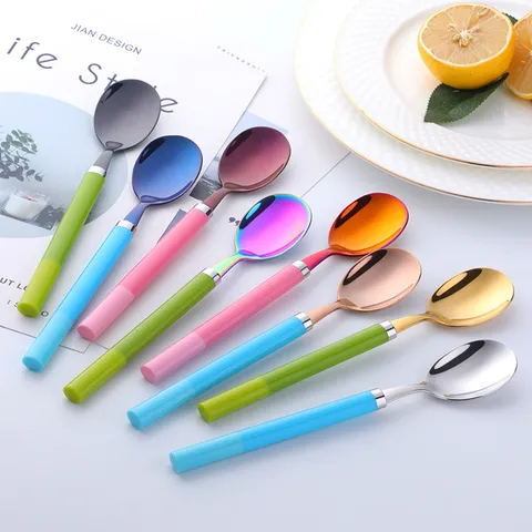 Cuillère à Dessert Mignonne en Acier Inoxydable Style Ins Poignée Colorée Vaisselle Style Coréen Cuillère pour Enfants Outil de Repas