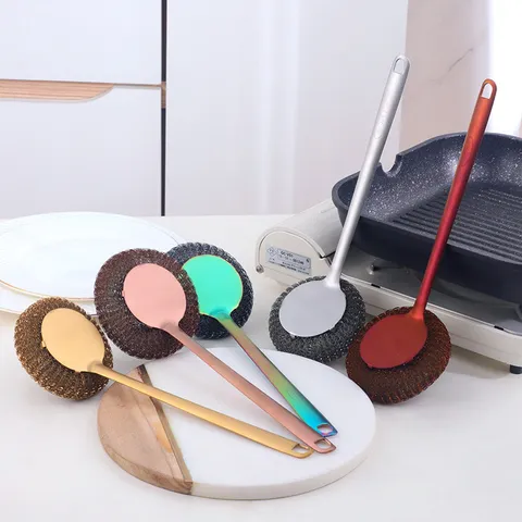 Brosse à Pot en Acier Inoxydable 304 Long Manche Outil de Nettoyage de Cuisine avec Crochet de Suspension Grattoir en Fil Métallique