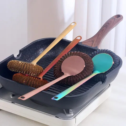 Brosse à Pot en Acier Inoxydable 304 Long Manche Outil de Nettoyage de Cuisine avec Crochet de Suspension Grattoir en Fil Métallique