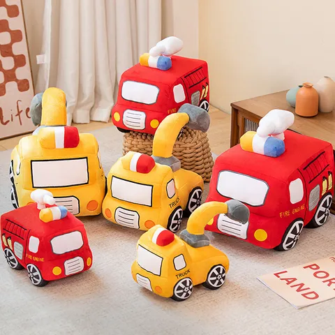 Cartoon Vehicle Plush Toy Cute Fire Engine Excavator Stuffed Animal Soft Pillow Kids Early Education Gift