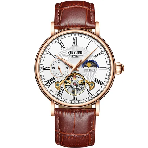 KINYUED Herren Automatische Mechanische Uhr Business Luxus Wasserdicht Edelstahl Lederarmband Skelett Armbanduhr