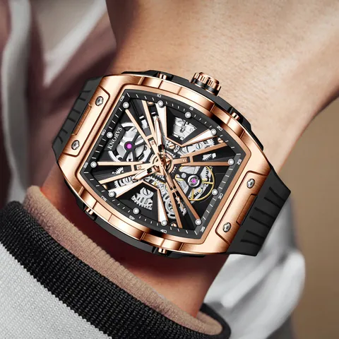 Herren Automatische Mechanische Uhr Skelett Ajour Zifferblatt Edelstahl Gehäuse Silikonarmband Wasserdichte Armbanduhr