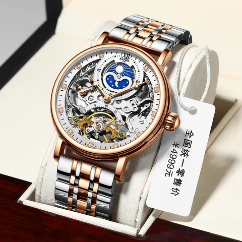 Automatische Mechanische Uhr Für Herren Ajouré Mondphase Edelstahlarmband Business Casual Armbanduhr Wasserdicht