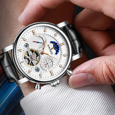 Herren Automatische Mechanische Uhr Hohles Tourbillon Großes Zifferblatt Echtes Lederarmband Wasserdichte Geschäft Armbanduhr