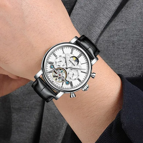 Herren Automatische Mechanische Uhr Geschäftlich Durchbrochen Wasserdicht Armbanduhr Mit Echtem Lederarmband Und Mondphase