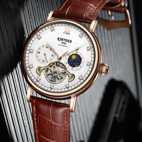 KINYUED Herren Automatische Mechanische Uhr Business Luxus Wasserdicht Edelstahl Lederarmband Skelett Armbanduhr