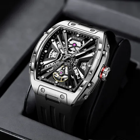 Herren Automatische Mechanische Uhr Skelett Ajour Zifferblatt Edelstahl Gehäuse Silikonarmband Wasserdichte Armbanduhr