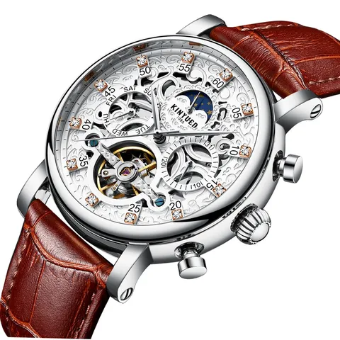 Herren Automatische Mechanische Uhr Durchbrochenes Zifferblatt Echtes Leder Armband Wasserdichte Mode Business Armbanduhr