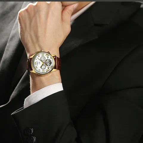 KINYUED Herren Automatische Mechanische Uhr Business Skelett Tourbillon Echtleder Armband Wasserdichte Armbanduhr