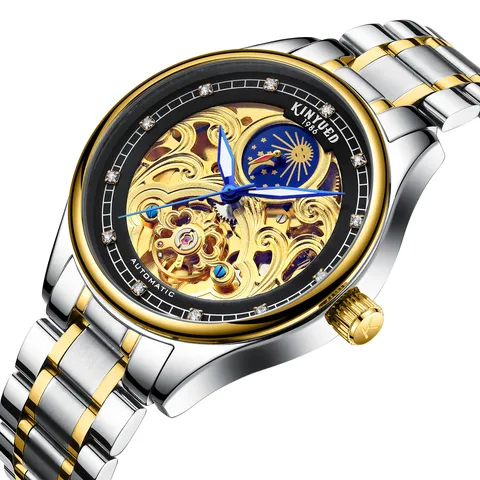 Herren Automatische Mechanische Uhr Edelstahlarmband Skelett Zifferblatt Leuchtend Stern Mond Multifunktion Armbanduhr