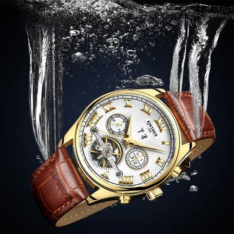 KINYUED Herren Automatische Mechanische Uhr Business Skelett Tourbillon Echtleder Armband Wasserdichte Armbanduhr