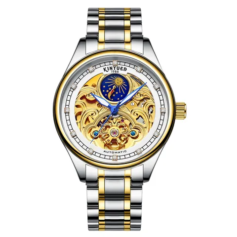 Herren Automatische Mechanische Uhr Edelstahlarmband Skelett Zifferblatt Leuchtend Stern Mond Multifunktion Armbanduhr